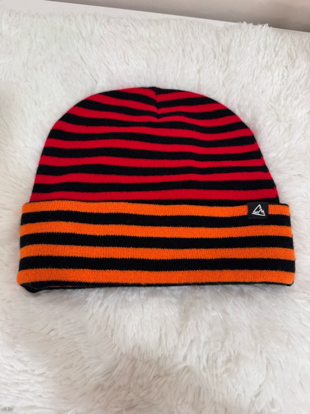 Striped Knit Beanie Hat - Red, Orange & Black